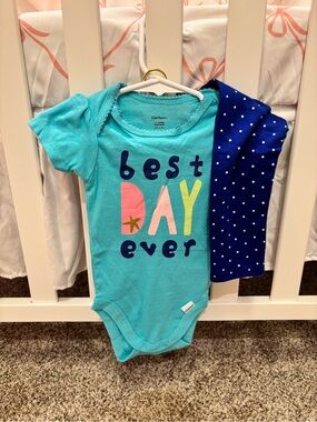 Gerber Turquoise 'Best Day Ever' One-Piece with Navy Polka Dot Accent